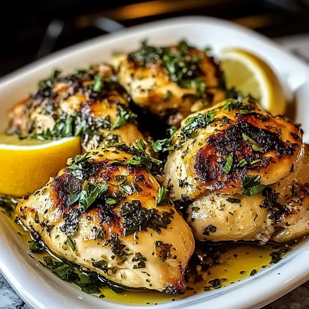 Chicken on a plate with lemon and herbs.