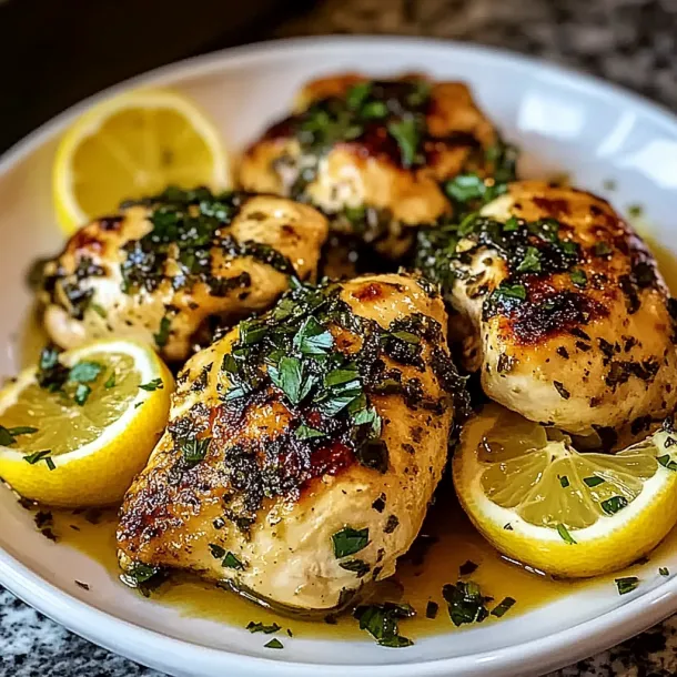 Chicken on a plate with lemon wedges on top.