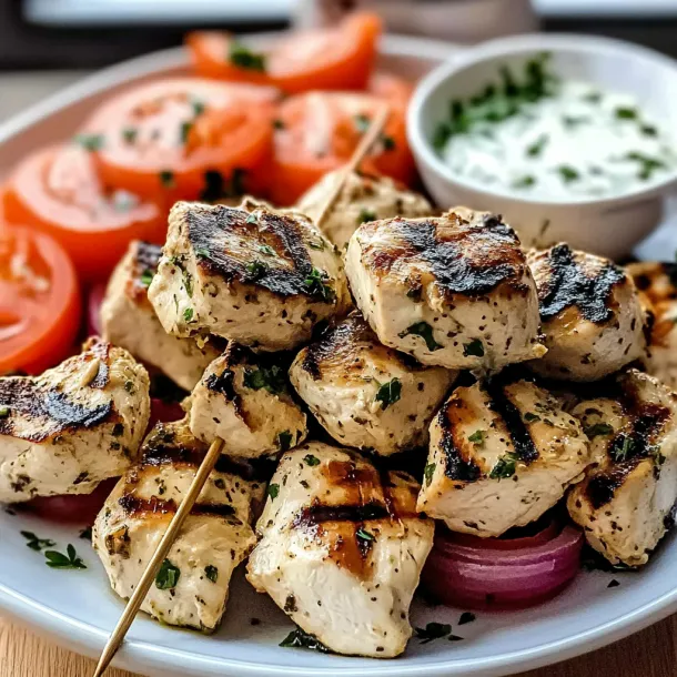 A plate loaded with grilled chicken and tomatoes.