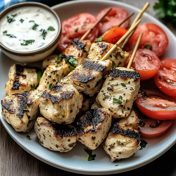 Chicken, dips, and tomatoes on a plate ready to eat.