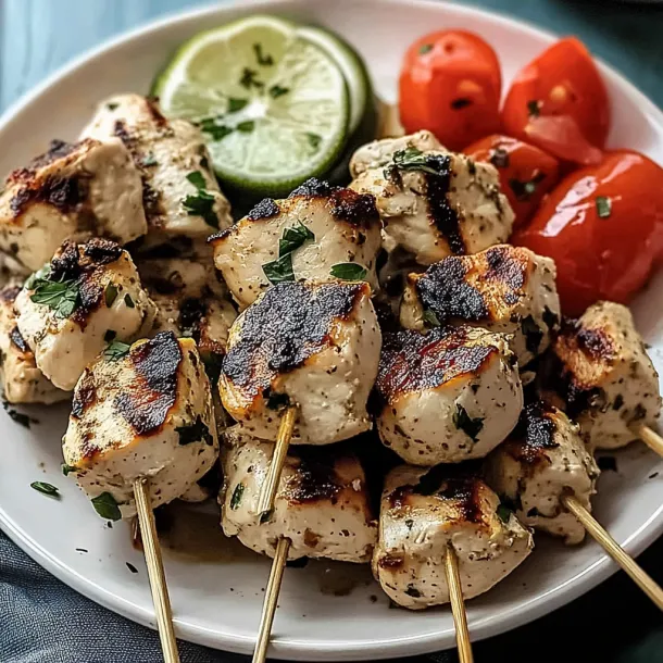 A plate loaded with chicken, tomatoes, and limes.