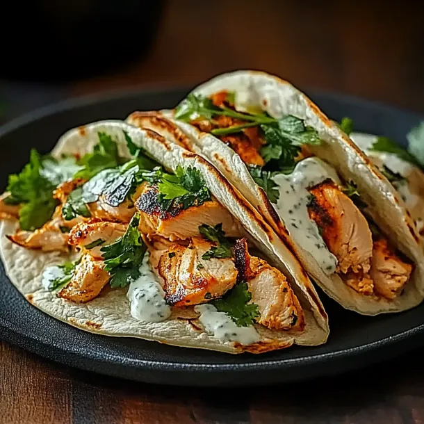 A pair of grilled chicken tacos with white sauce served on a plate.