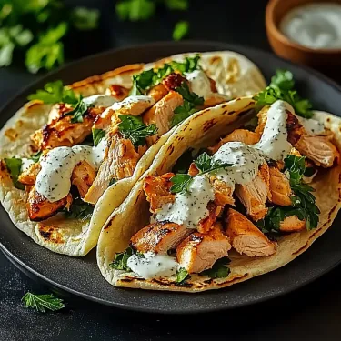 Chicken tacos topped with creamy white sauce on a plate.