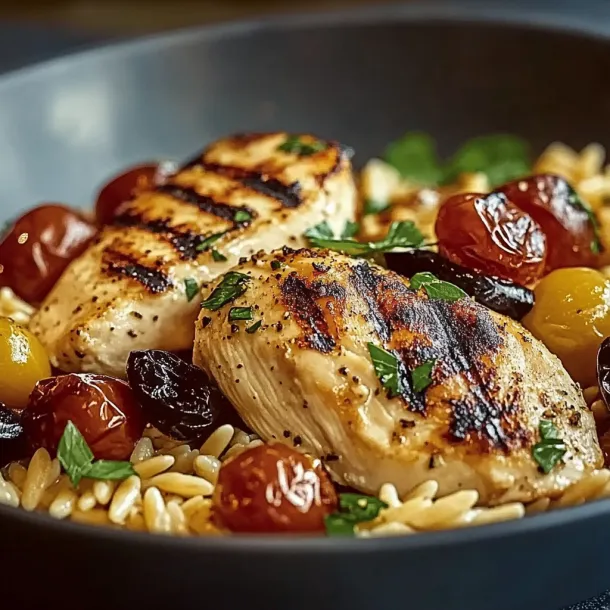 A bowl of food with rice, tomatoes, and chicken.