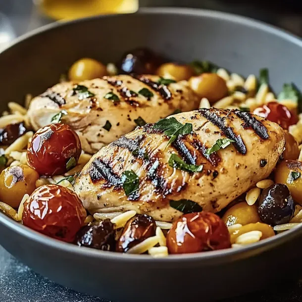 Big bowl packed with chicken, olives, and tomatoes.