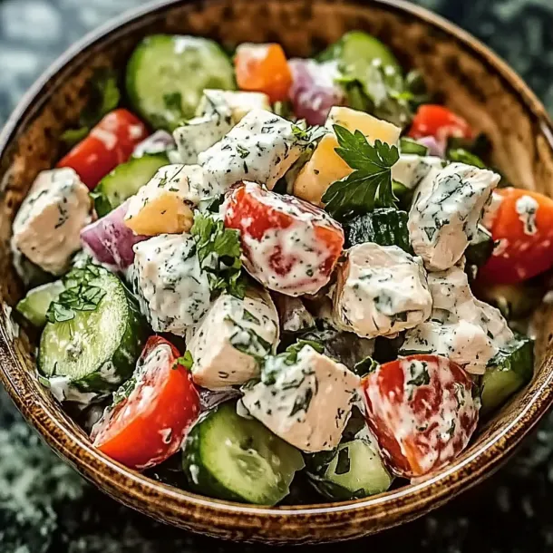 A veggie bowl topped with blue sauce.