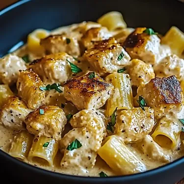 A bowl of pasta with meat and vegetables.