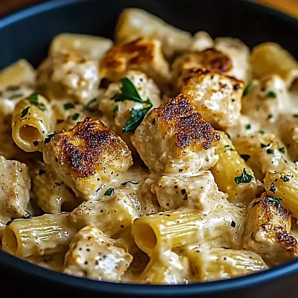 A bowl filled with cheesy pasta and chicken chunks.