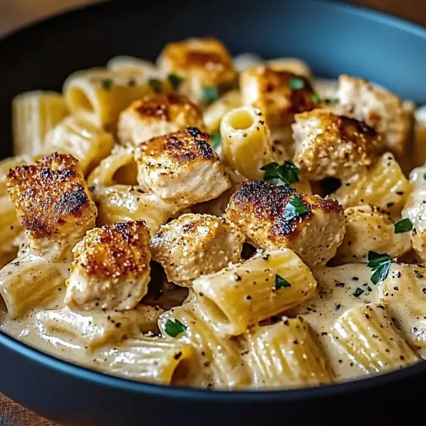 A bowl of pasta with chicken and vegetables.