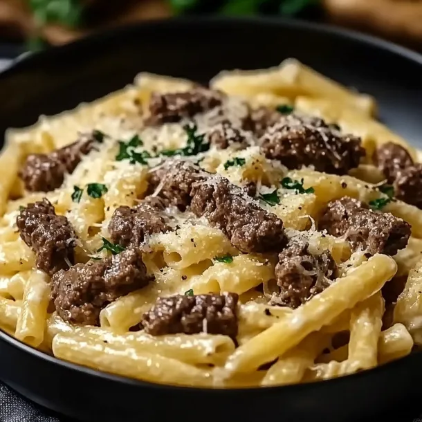 A bowl of pasta with meat and cheese.