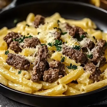 A plate of pasta with meat and cheese.
