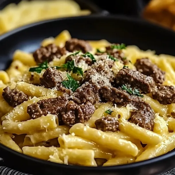 A bowl of pasta with meat and cheese.
