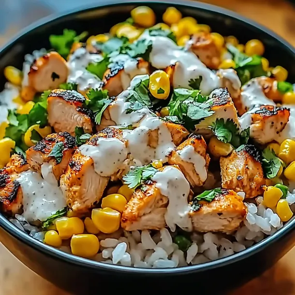 Chicken and rice bowl with creamy white sauce and toppings.