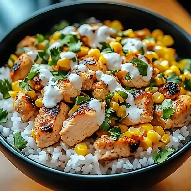 A bowl with layers of chicken, rice, and colorful toppings.