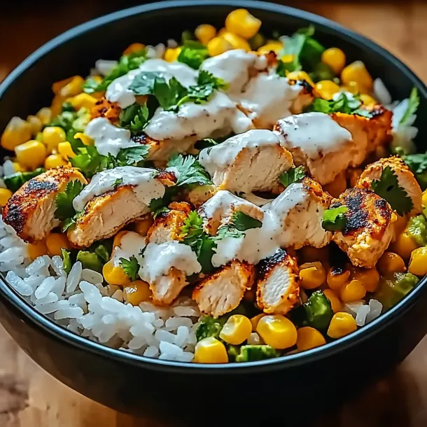 A bowl loaded with chicken, corn, rice, and toppings.