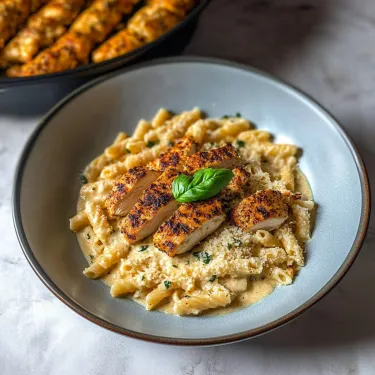 A plate of food with chicken and pasta.