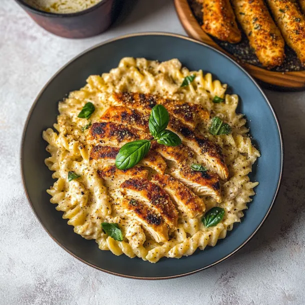 A plate of pasta with chicken and spinach.