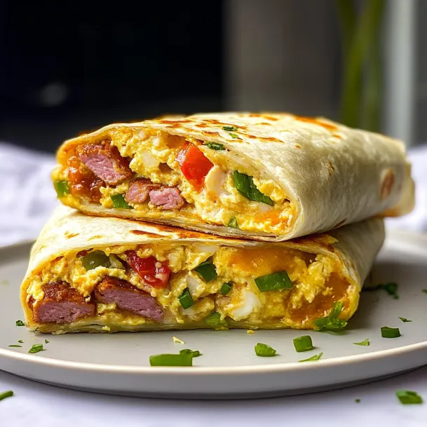 A breakfast burrito stuffed with eggs, bacon, and peppers on a plate.