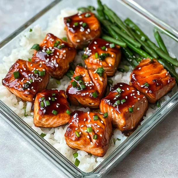 A glass bowl filled with bite-sized salmon, rice, and veggies.