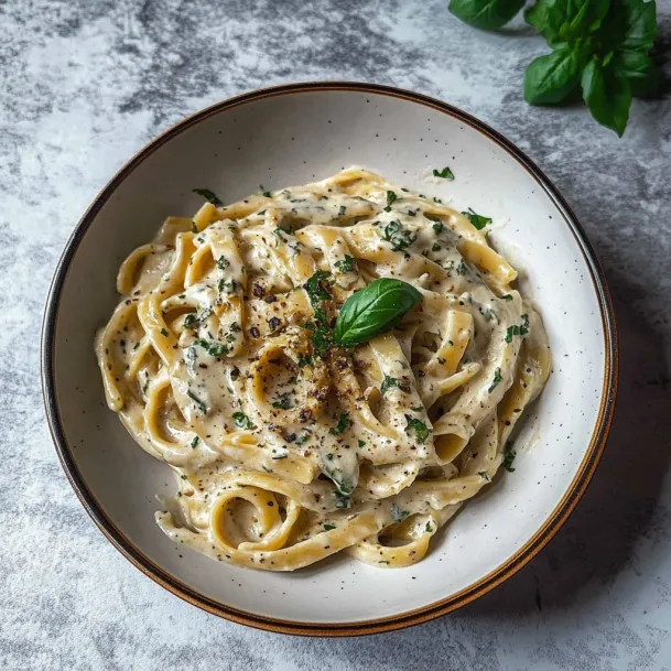 Pasta in a bowl finished with fresh herbs.