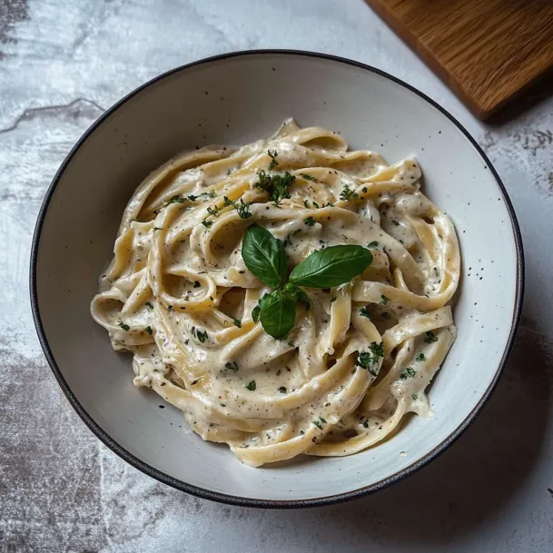 A bowl of pasta with a green leaf on top.