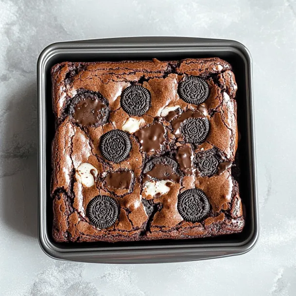 Brownies in the pan with Oreo cookies scattered on top.