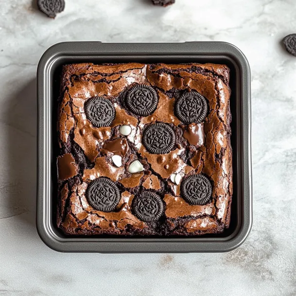 A thick chocolate bar topped with four classic Oreo cookies.