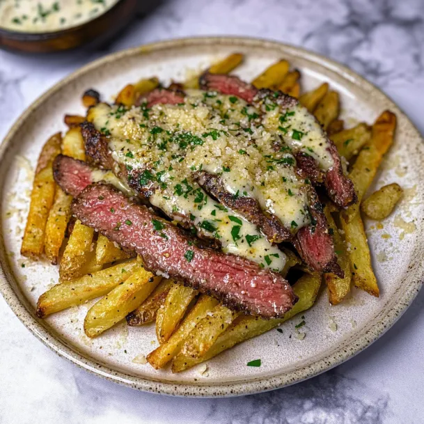Steak and fries on a plate together.