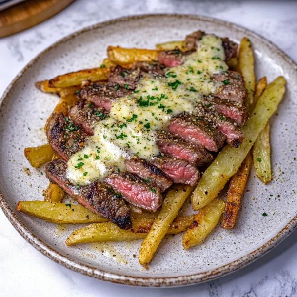 A plate of steak and fries.