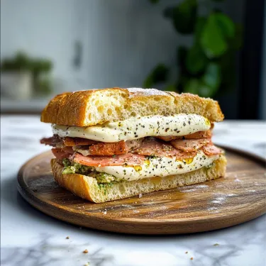 A sandwich packed with meats, cheese, and greens.
