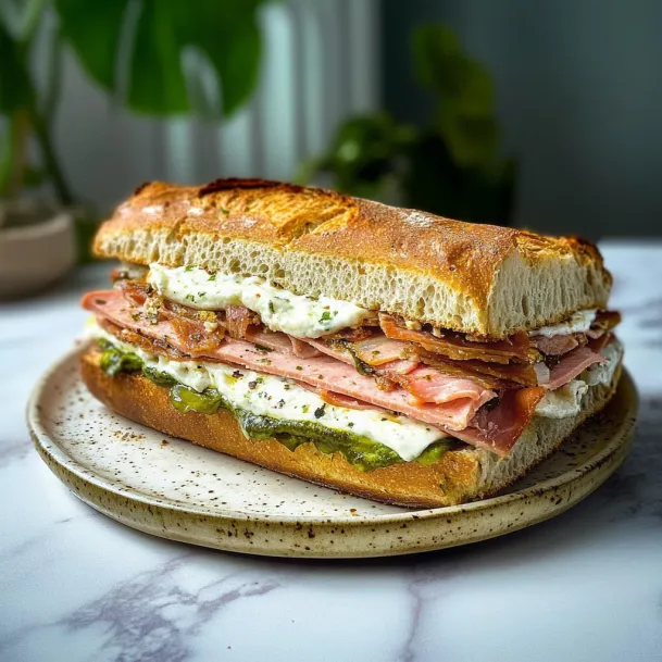 Meat and cheese sandwich sitting on a plate.