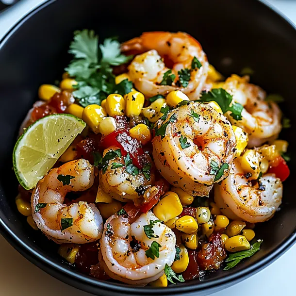 A bowl of shrimp and corn.