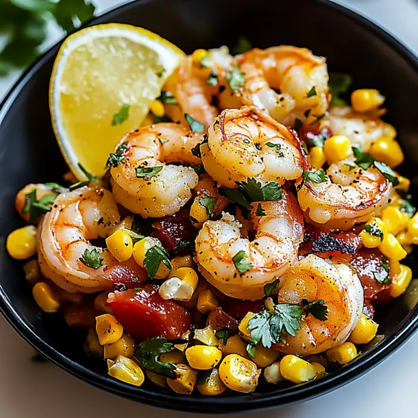 A bowl of shrimp and corn.