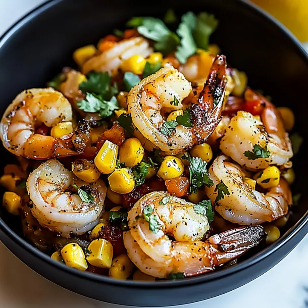 A bowl filled with corn and shrimp.
