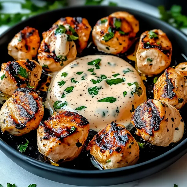 Chicken with creamy sauce in a bowl.