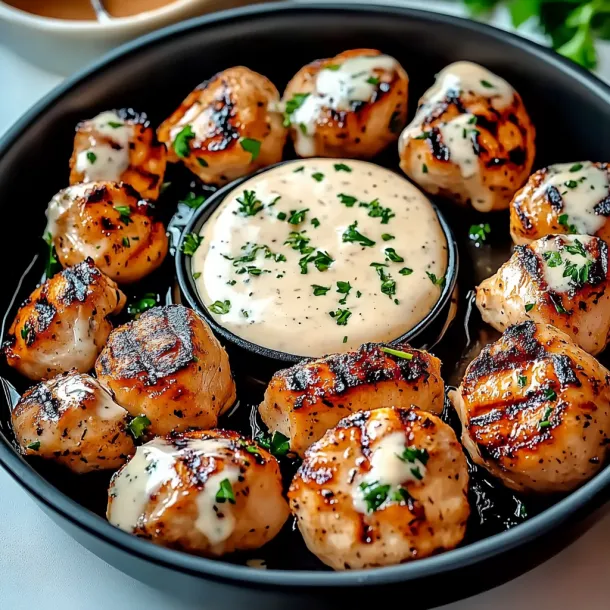 A bowl of meatballs with a dipping sauce.