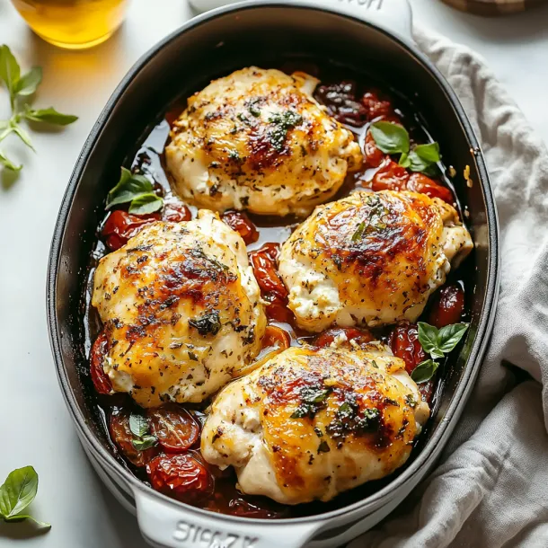 A pan of chicken with tomatoes and herbs.