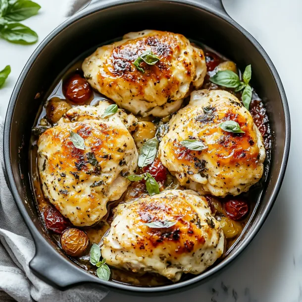 A bowl of chicken with herbs and tomatoes.