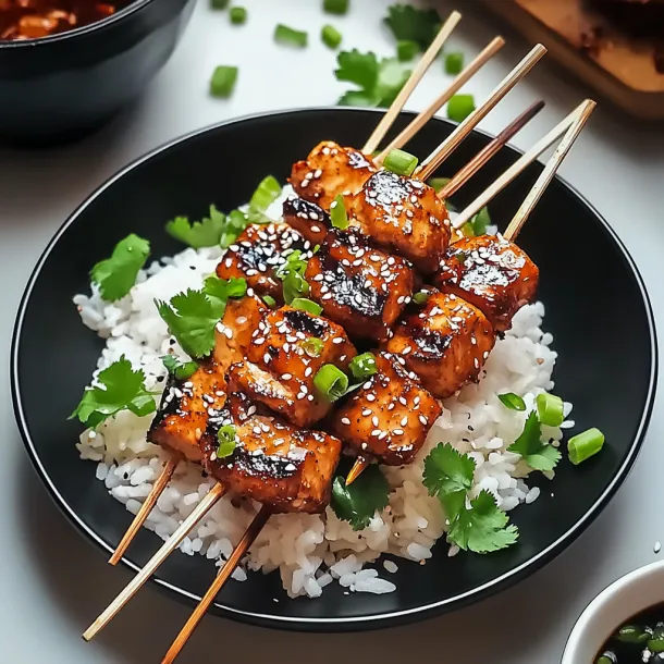 A plate of food with rice and meat on a stick.