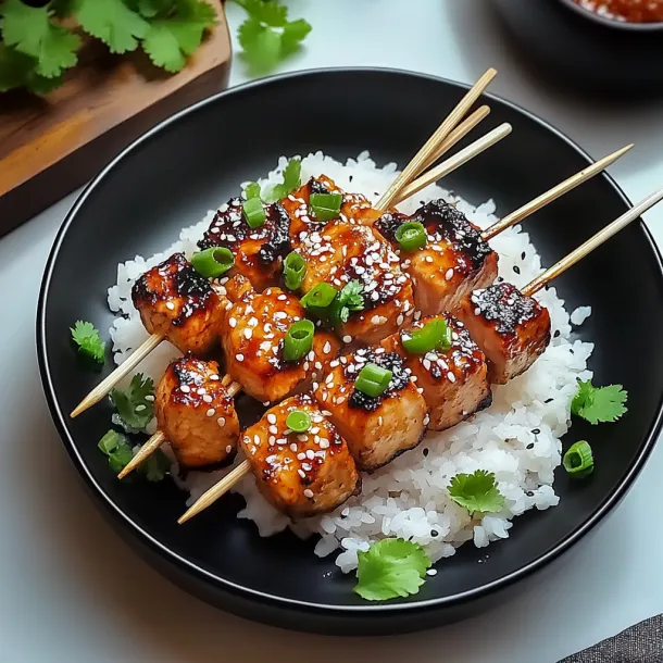 A plate of food with rice and meat on a stick.