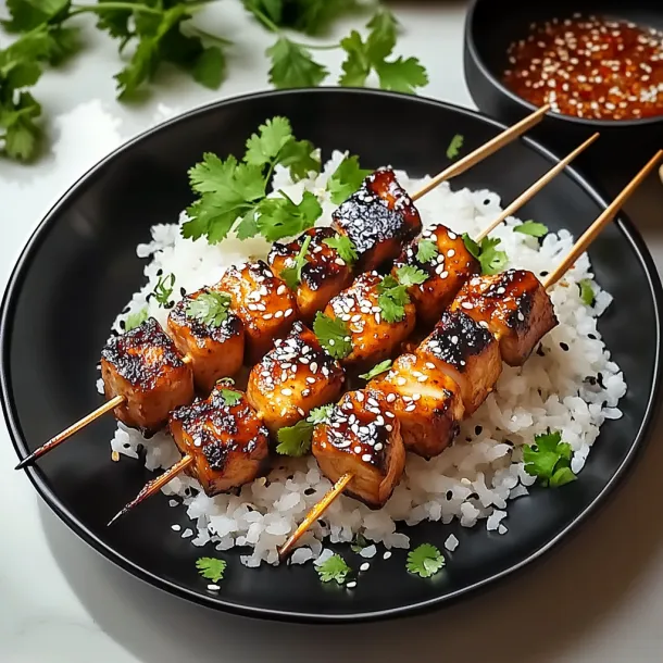 A plate of food with rice and meat on a stick.