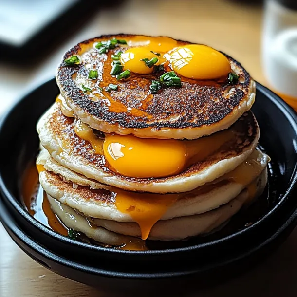 Pancake stack with gooey cheese on top.