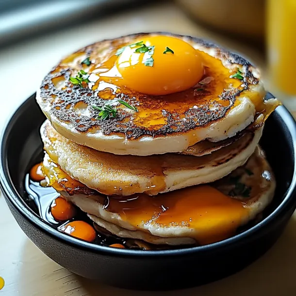 Pancakes stacked high and topped with syrup.
