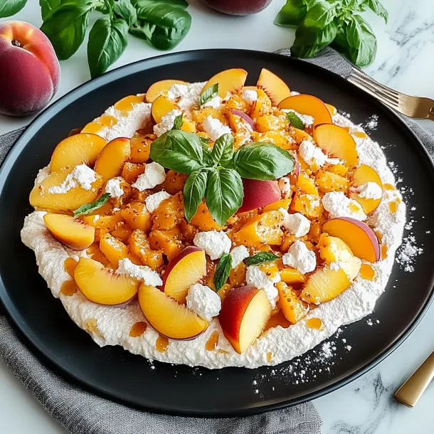 A plate of food with peaches and whipped cream.
