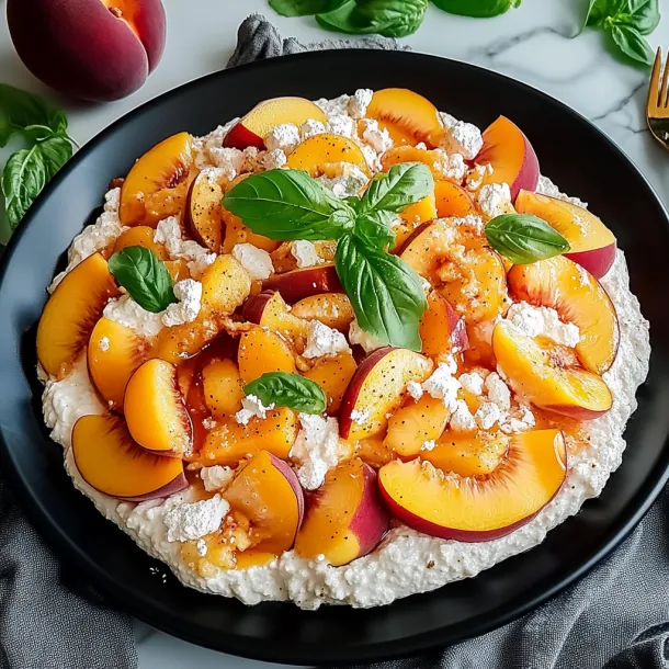 Bowl stacked with peaches, marshmallows, and some basil.