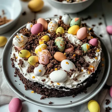 A cake covered in chocolate frosting with colorful candy pieces on top.