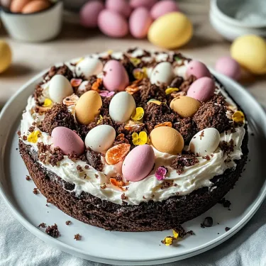 A chocolate cake topped with eggs and frosting.