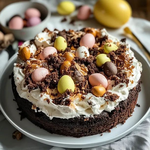 Chocolatey cake covered with candies and frosting for a spring theme.