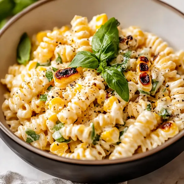 A serving bowl filled with corn, greens, and pasta.
