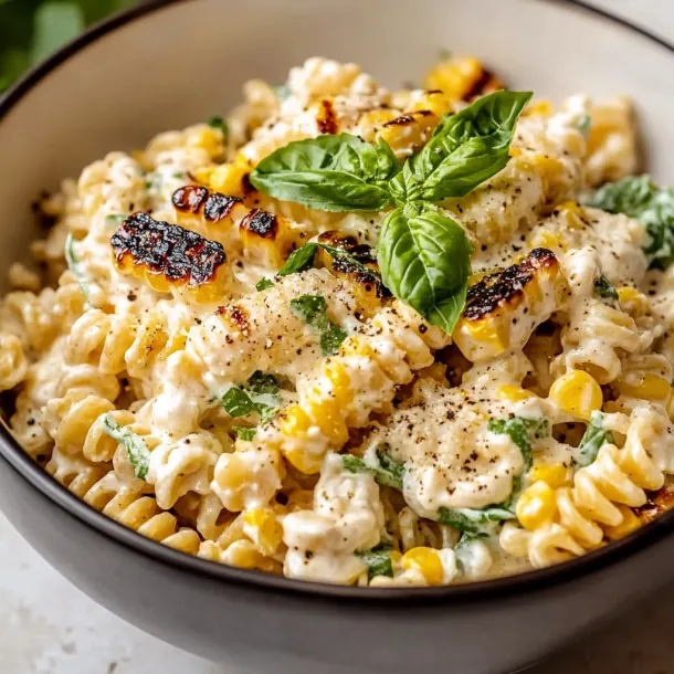 A big bowl of noodles, corn, and green herbs.